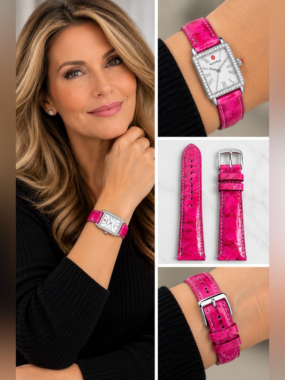 MICHELE Watch Band Strap Hot Pink Fuchsia Genuine Leather Silver Buckle 20mm